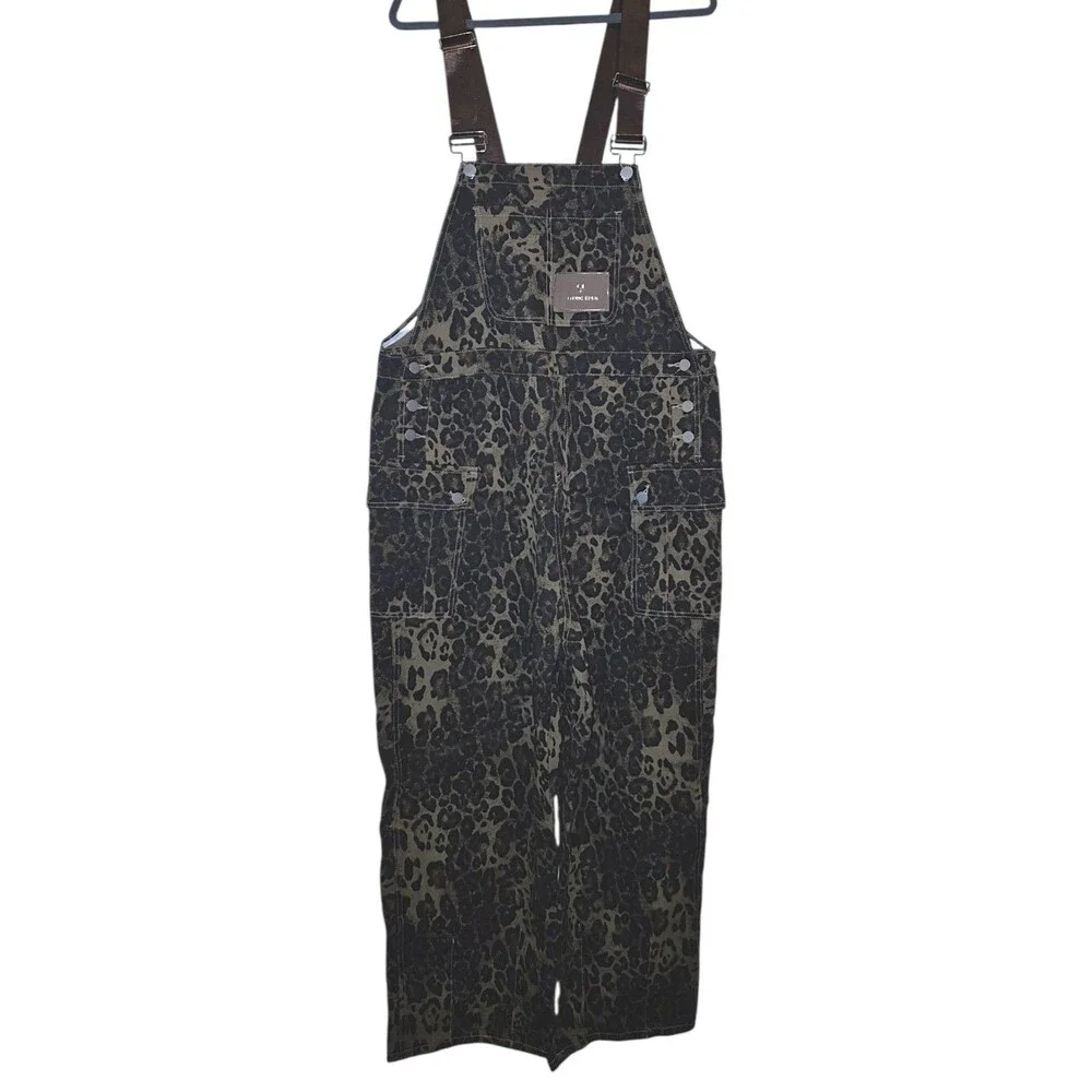 Aelfric Eden Overalls Womens XL Green Animal Print Cargo Pockets Leopard Y2K - Picture 2 of 7
